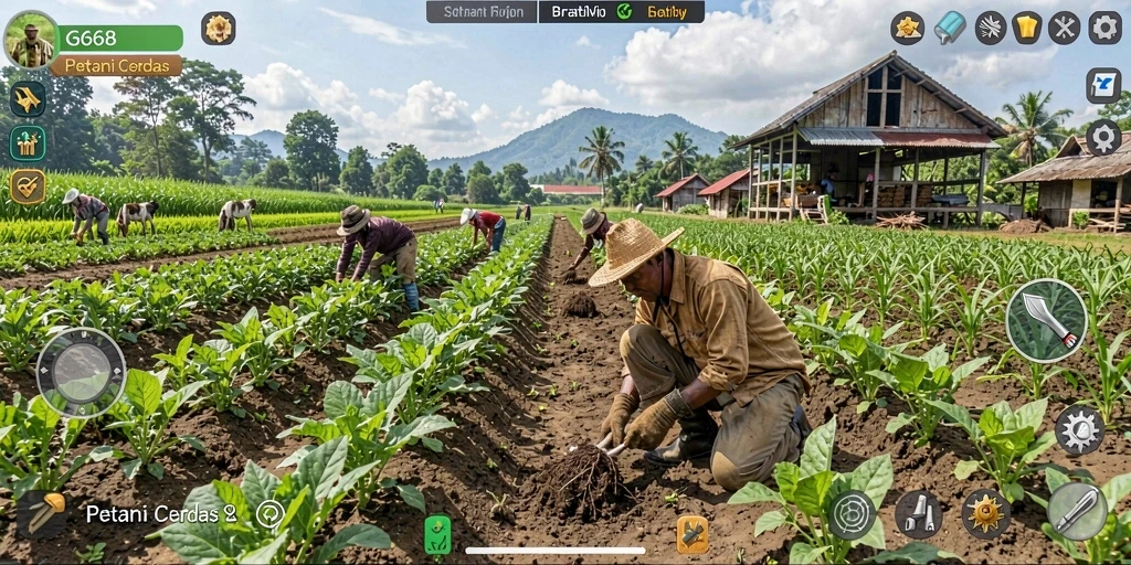Tampilan utama G668 dengan berbagai tanaman dan hewan di ladang.