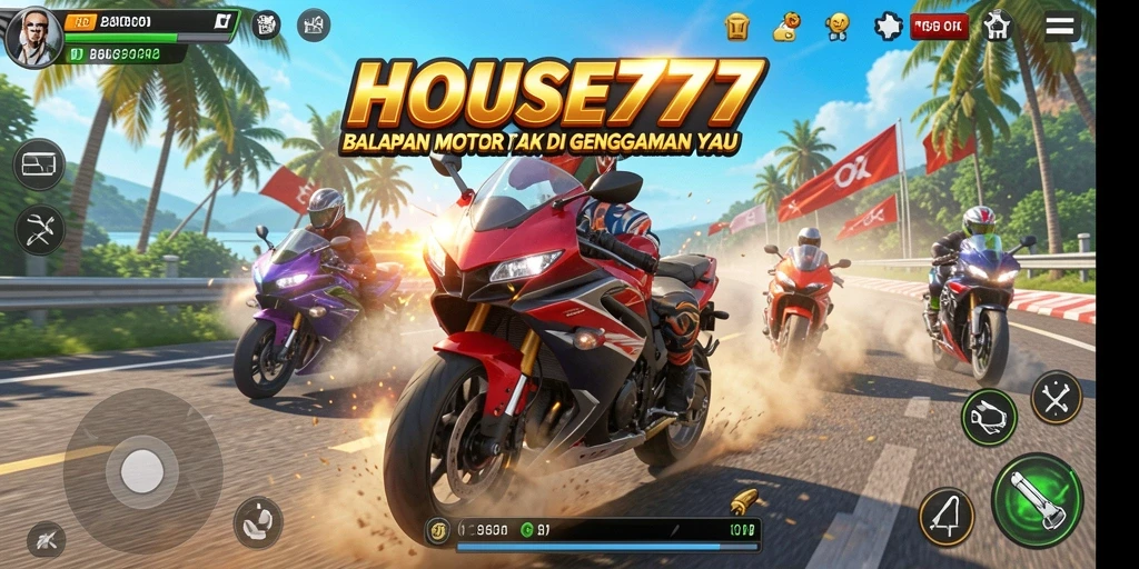 Tangkapan layar gameplay menarik dari HOUSE777 dengan balapan motor.