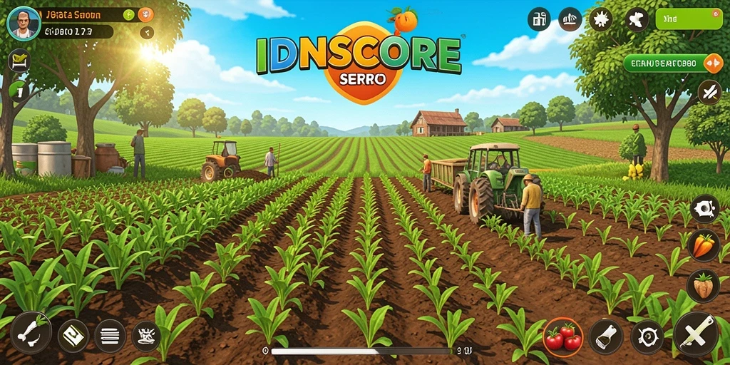 Tangkapan layar utama IDNSCORE menampilkan aksi bertani yang seru.