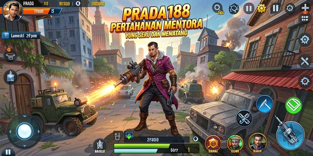 Tampilan gameplay mendebarkan PRADA188 dengan menara dan musuh.