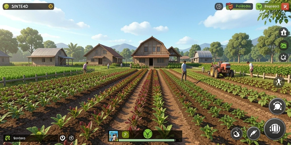 Screenshot gameplay SINTE4D menampilkan suasana pertanian yang indah dan menarik.