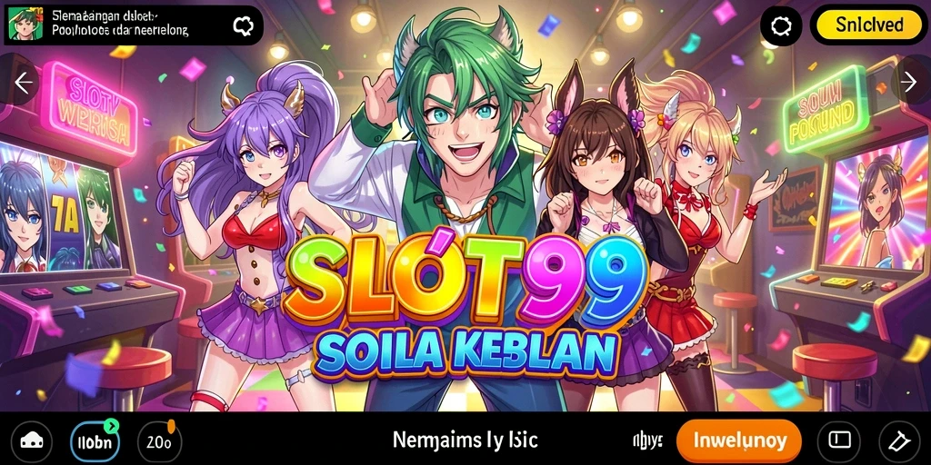 Screenshot gameplay SLOT99 yang menampilkan aksi slot penuh warna dan karakter anime.