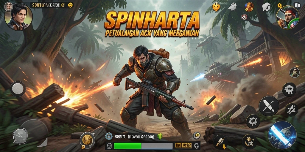 Screenshot SPINHARTA menampilkan aksi seru di medan pertempuran.