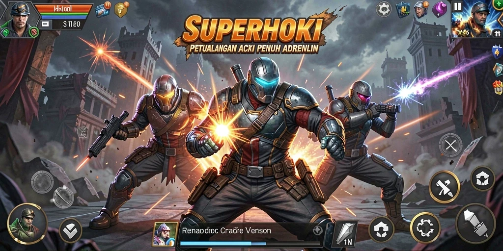 Tampilan aksi mendebarkan dalam SUPERHOKI saat bertarung melawan musuh.