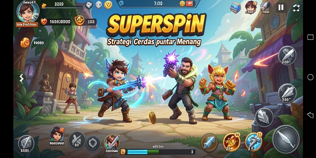 Tangkapan layar utama SUPERSPIN menampilkan pertarungan strategi yang mendebarkan.