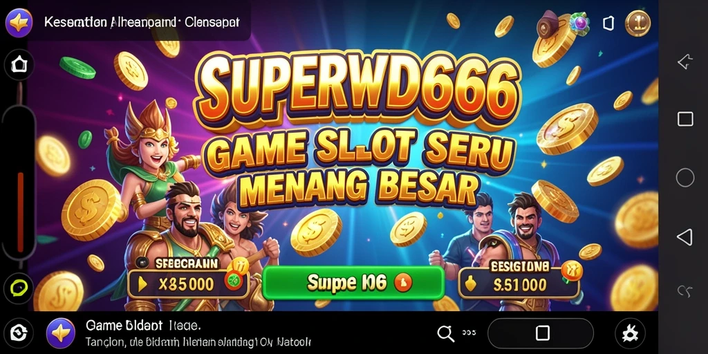 Screenshot gameplay SUPERWD666 menampilkan gulungan yang berputar dengan simbol yang berwarna-warni.