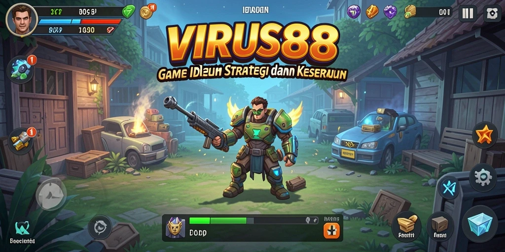 Tampilan gameplay VIRUS88 yang penuh warna dan karakter virus yang lucu.